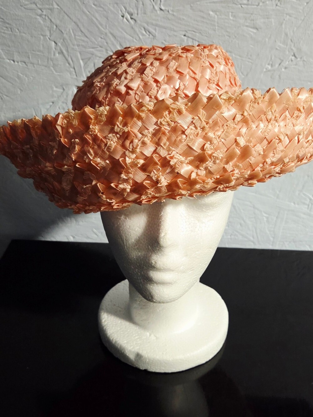 Vintage 60s Union-Made Pink Woven Straw Breton Hat W/Navy Ribbon Band & Back Bow